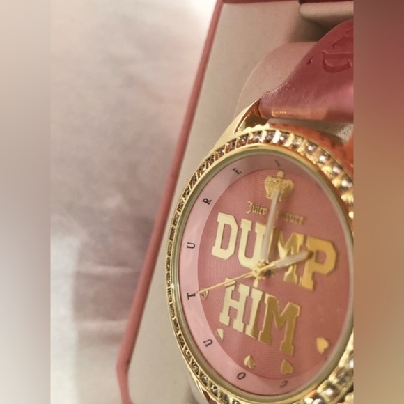 Juicy couture pink gold cz pave crystal bezel ‘Dump Him’ monogram wristwatch new main image 5